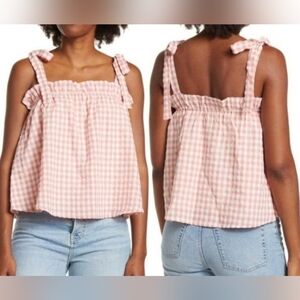 NEW The Good Jane Pink And Cream Checkered Gingham Women's Tie Bow Top Blouse L